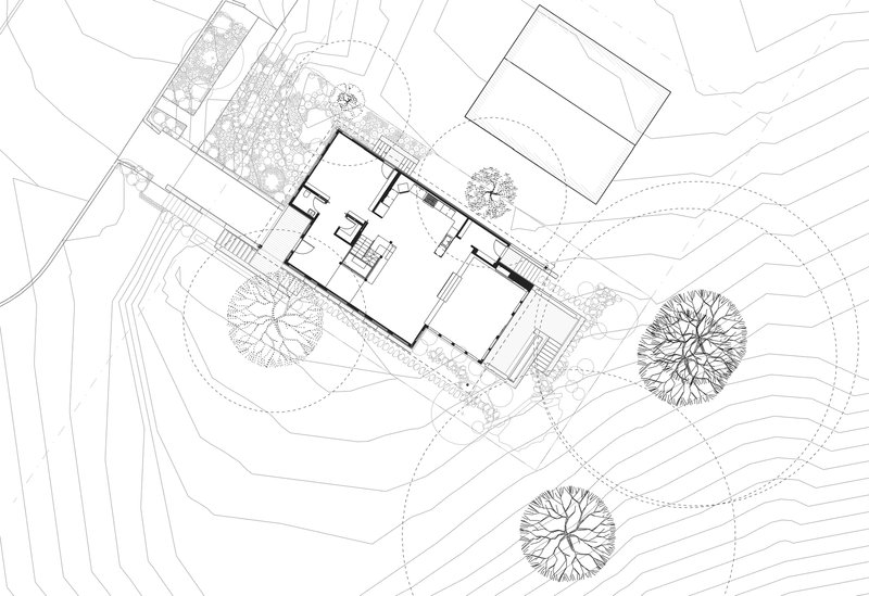 Site plan drawing showing the building footprint with surrounding topography and circular tree canopies