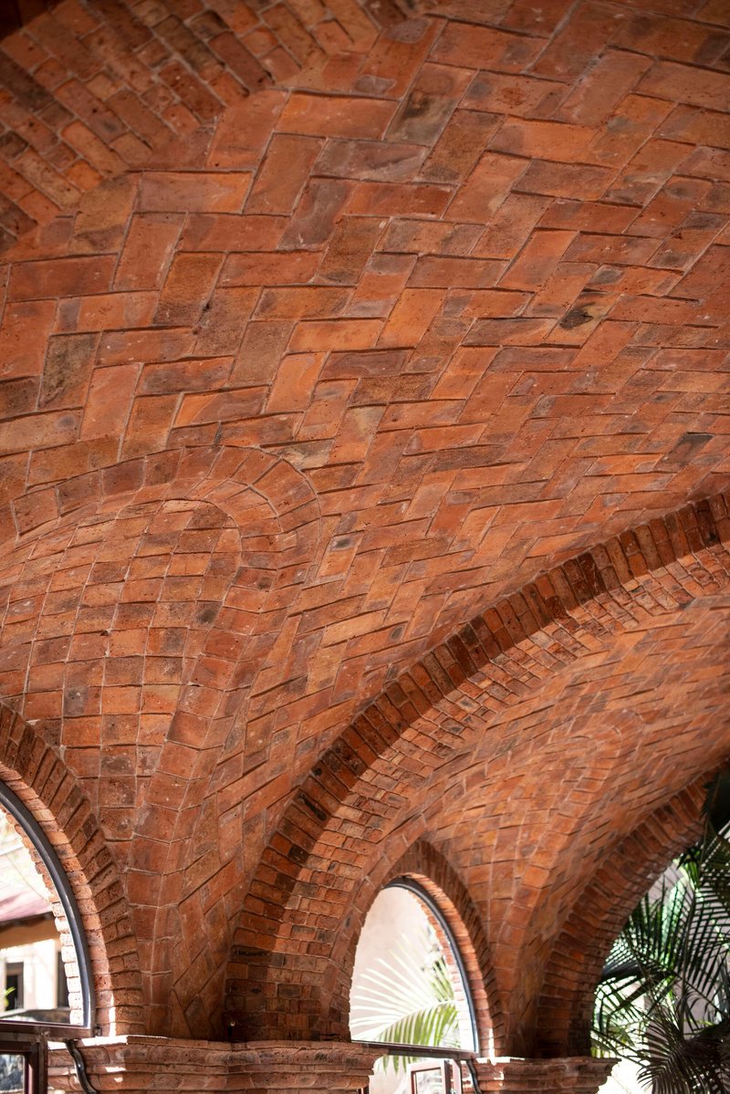 Vaulted brick ceiling in herringbone pattern with arched window openings framing palm fronds outside