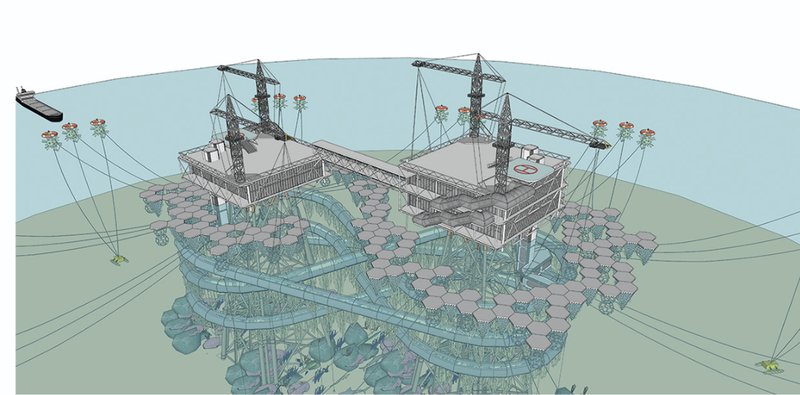 Aerial perspective showcasing interconnected reef networks, underwater observation routes, and ecological infrastructure around the platform.