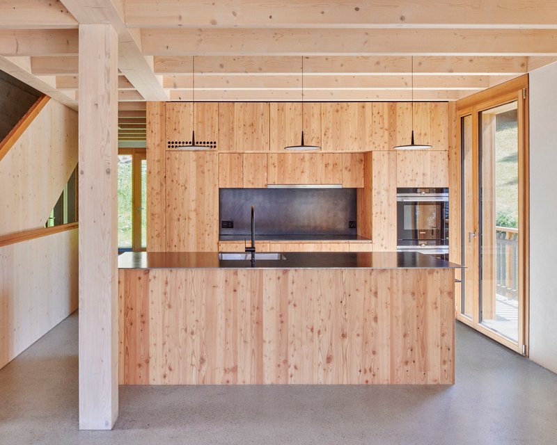 Open kitchen with vertical timber paneling and exposed ceiling beams overlooking green landscape through glazed doors