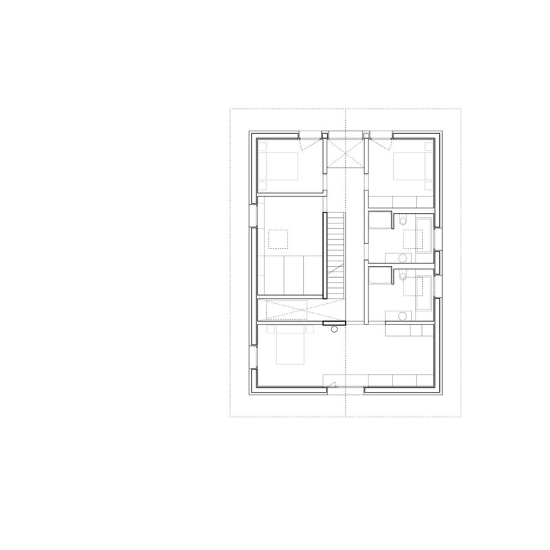 Floor plan drawing showing rectangular layout with central staircase and rooms arranged around the perimeter