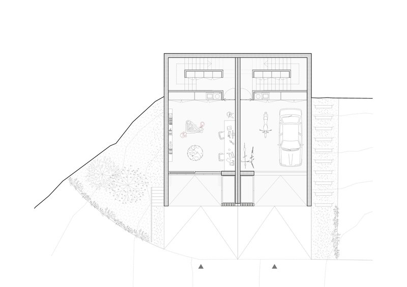 Floor plan drawing showing two interior rooms with a garden terrace and parking space adjacent