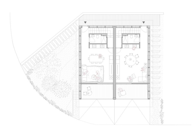 Floor plan drawing showing two residential units with angled garden courtyards and parking spaces