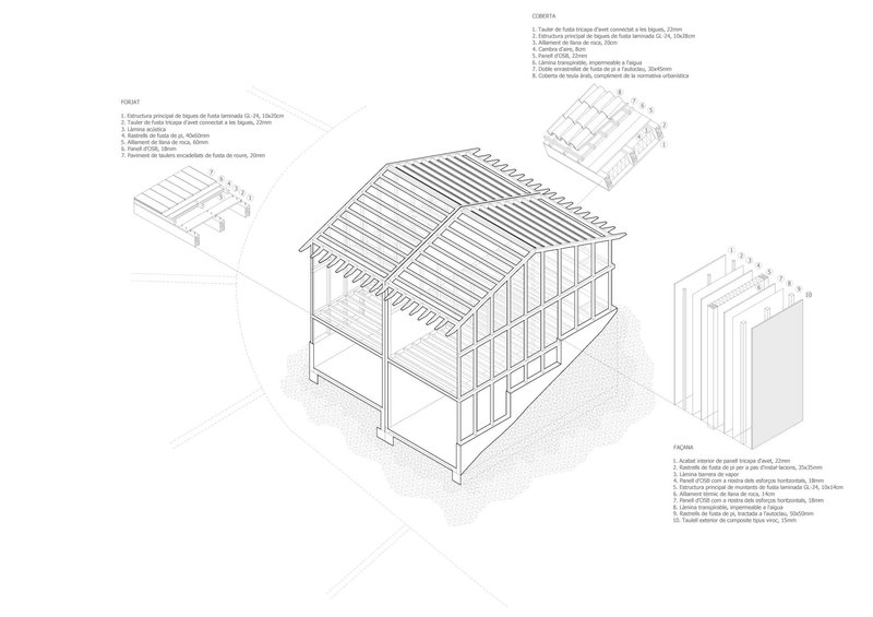 Exploded axonometric drawing showing timber frame structure, roof assembly, and wall panel components