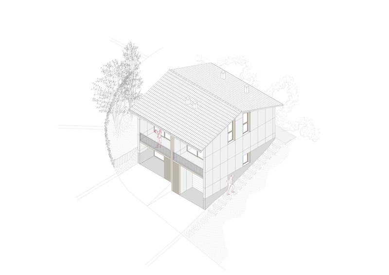 Axonometric view of the two-story residence with sloped roof and balcony terrace