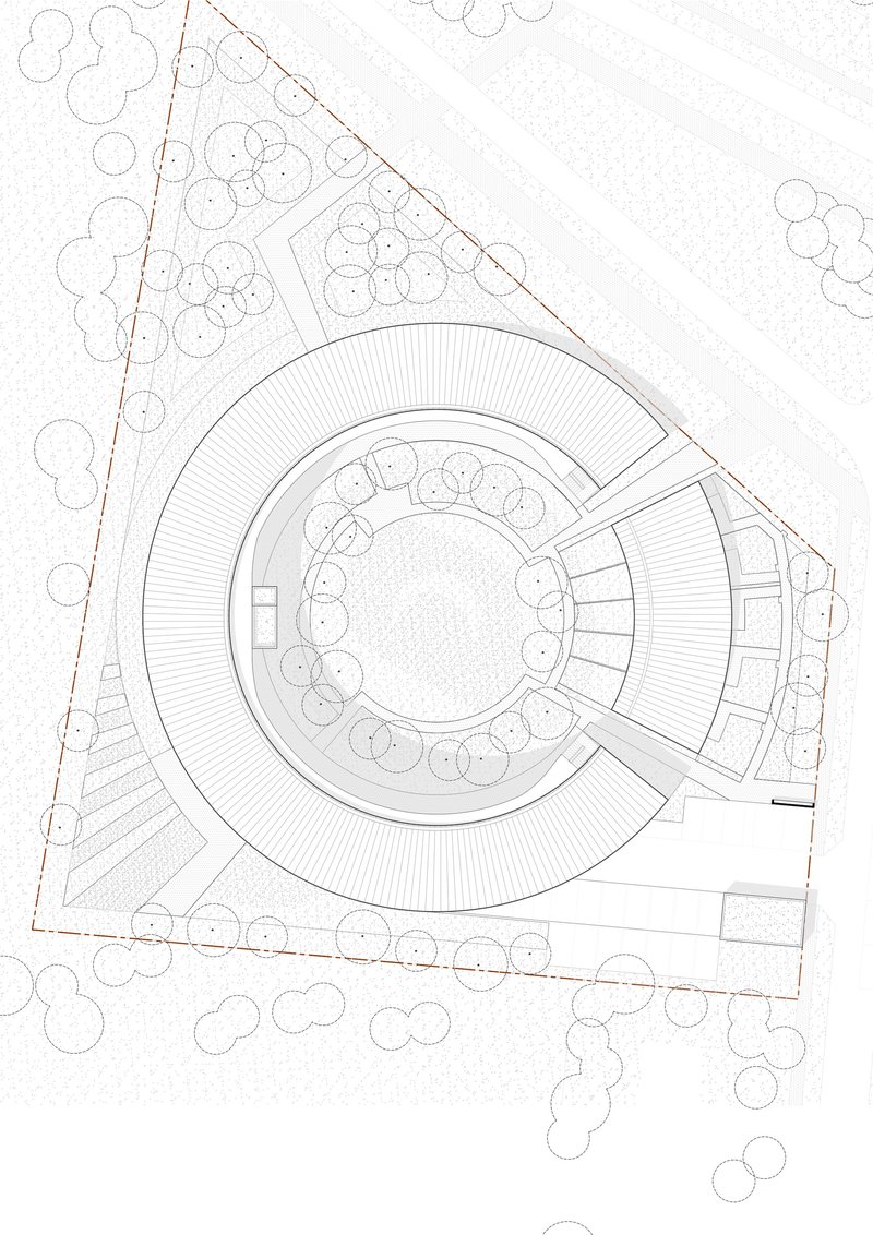 Site plan drawing showing the curved building form with central courtyard and surrounding landscape