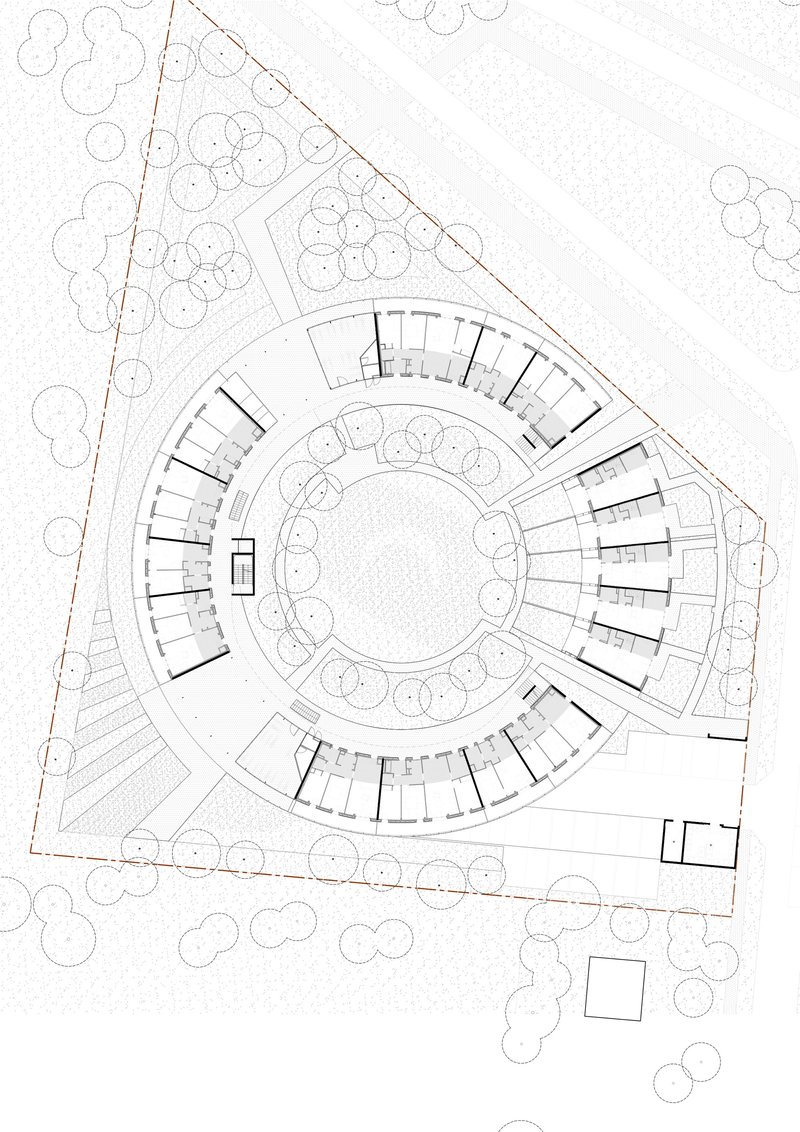 Floor plan drawing showing the circular courtyard ringed by radiating units and landscape on a triangular site