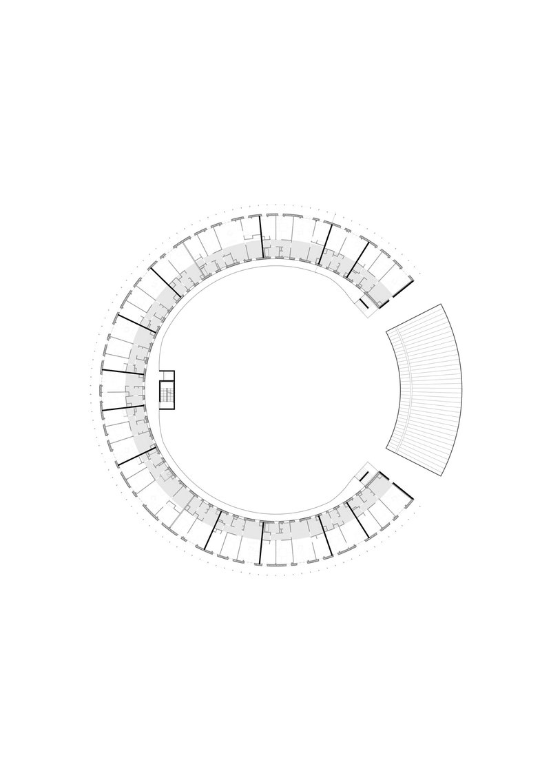 Floor plan drawing showing the circular residential layout with a cantilevered terrace segment at one side