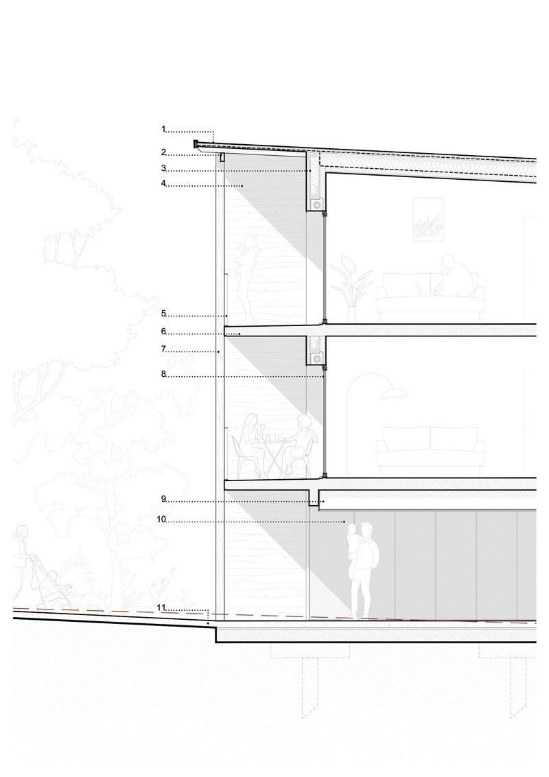 Section drawing showing three stacked residential floors with figure silhouettes and balcony overhangs