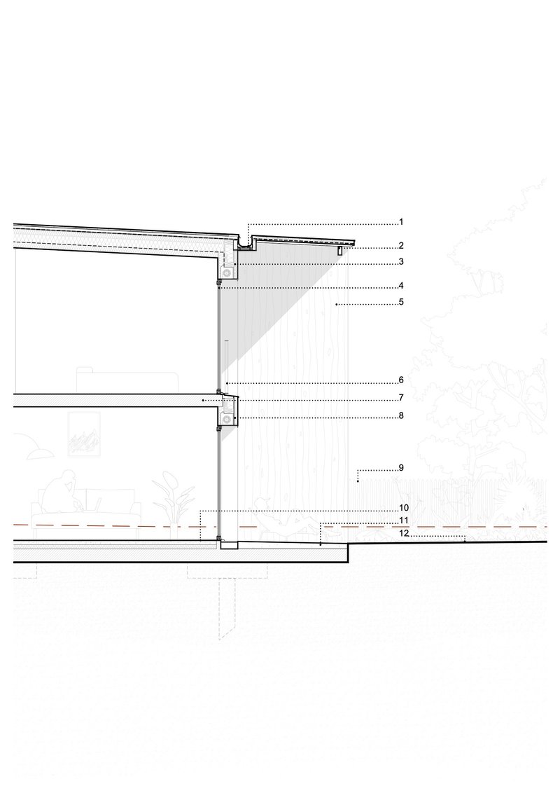 Section drawing showing the two-story facade assembly with roof detail and planted grade level