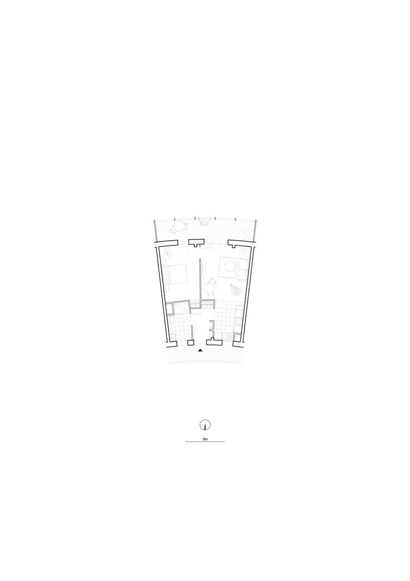 Floor plan drawing showing a tapered unit with living spaces and bathroom arranged around a central core
