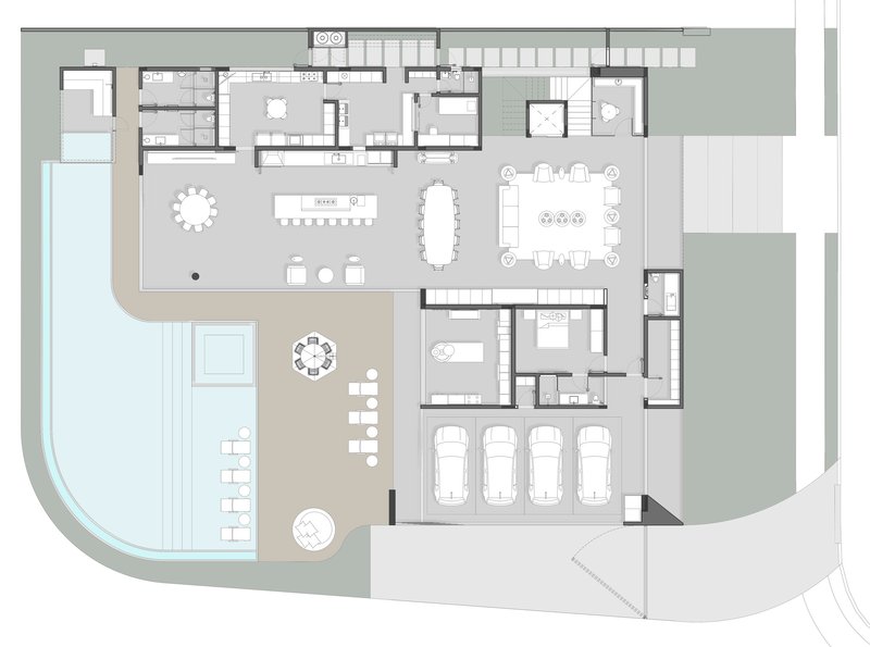 Ground floor plan with curved pool, parking garage, and open living areas