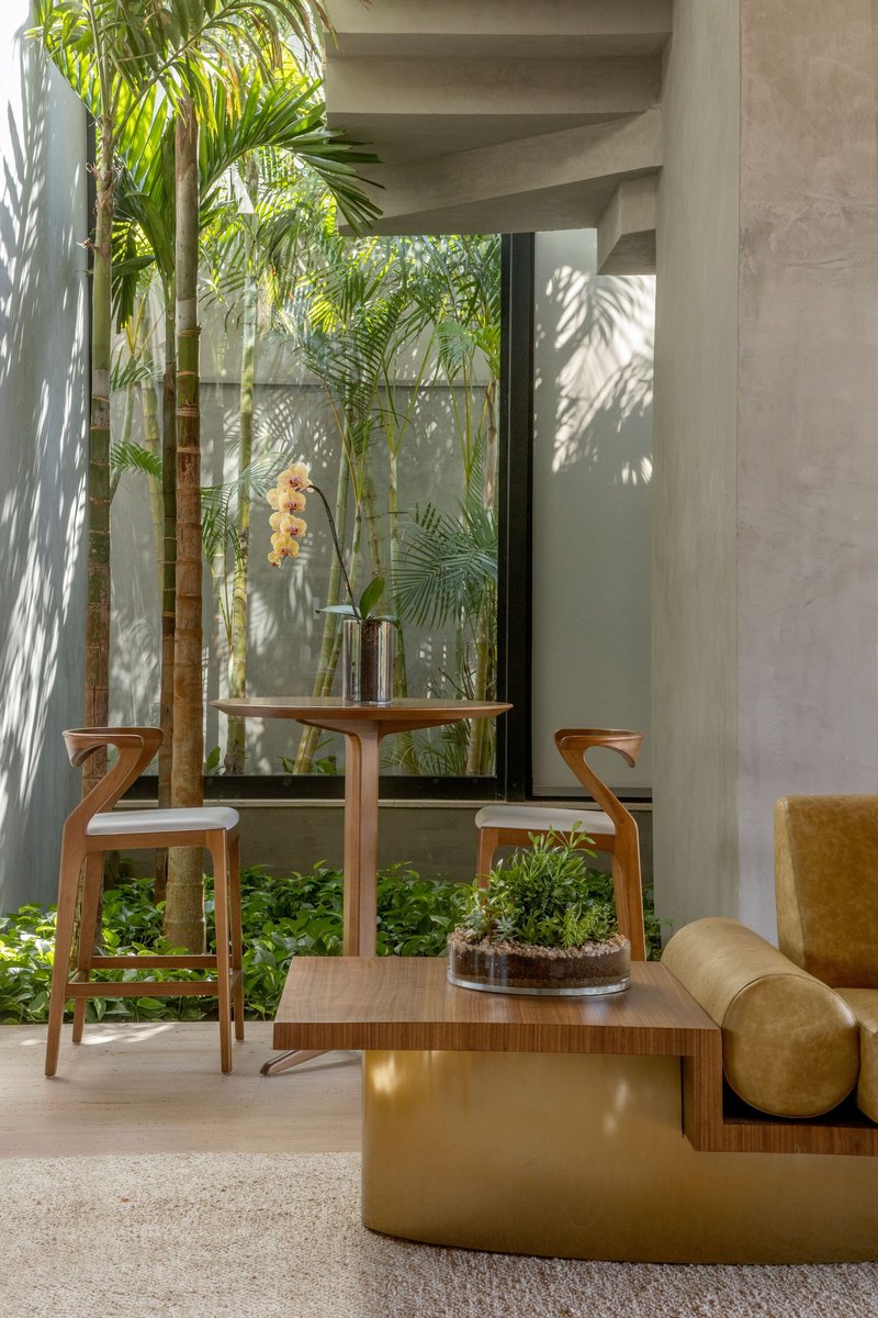 Interior courtyard with palms and greenery casting dappled shadows on concrete walls and glass doors