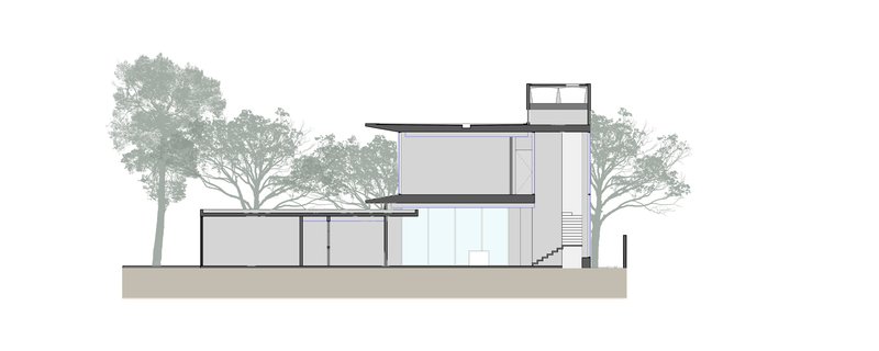 Section drawing showing a two-story residence with a roof deck among mature trees