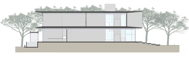 Longitudinal section drawing revealing the split-level interior spaces and cantilevered volumes
