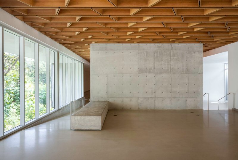 Interior space with exposed timber ceiling beams, concrete wall, continuous glazing overlooking trees, and built-in concrete bench