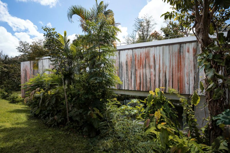 Two timber-clad elevated volumes separated by lush tropical planting under partly cloudy sky
