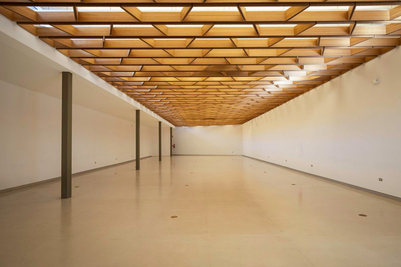 Interior gallery space with coffered timber skylight ceiling and polished concrete floor