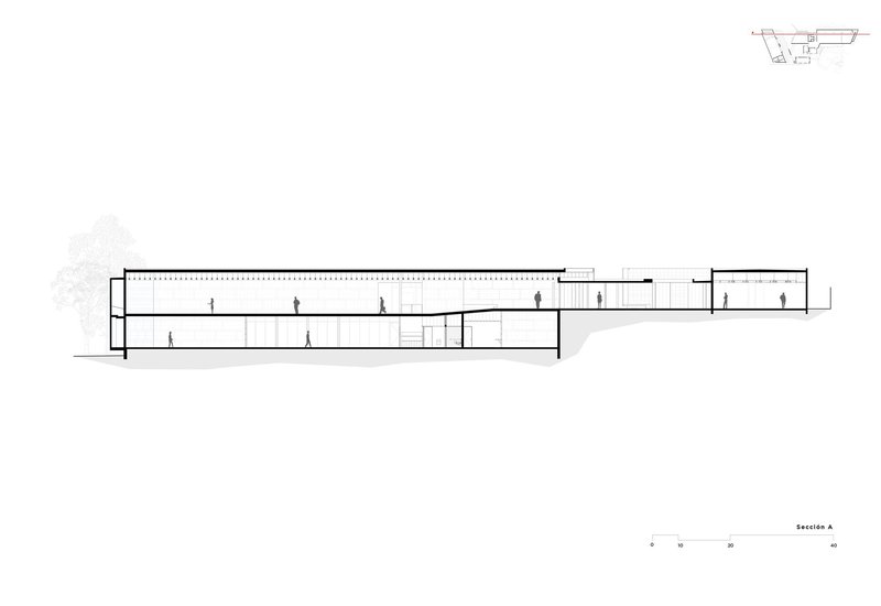 Section drawing showing a long two-story gallery space with figures and an adjacent stairwell