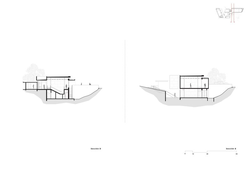 Two section drawings showing staircases connecting levels within the volumes on sloping ground
