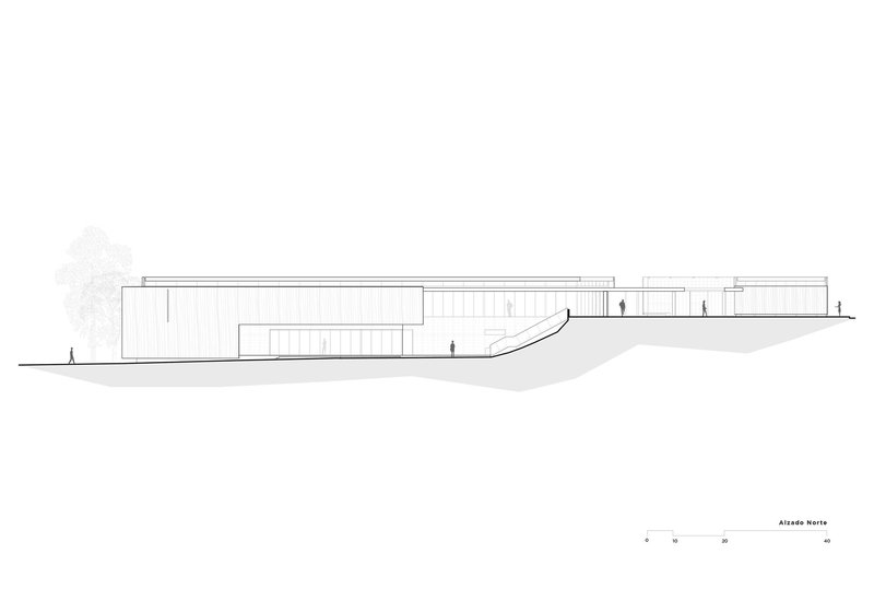 North elevation drawing depicting horizontal volumes with vertical cladding following the descending topography