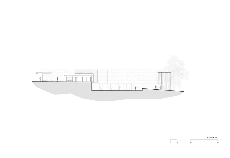 Longitudinal section drawing showing a series of volumes embedded into undulating ground with figures for scale