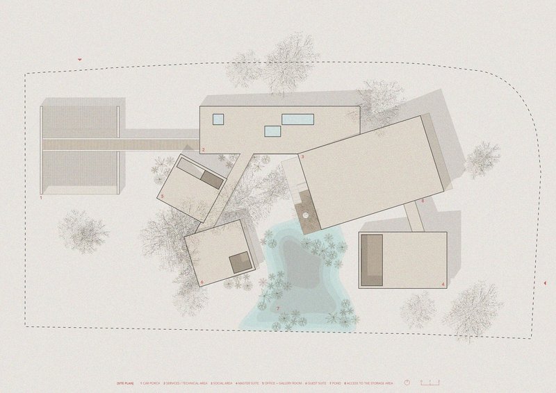 Site plan drawing showing angular building volumes arranged around a central water feature with surrounding trees