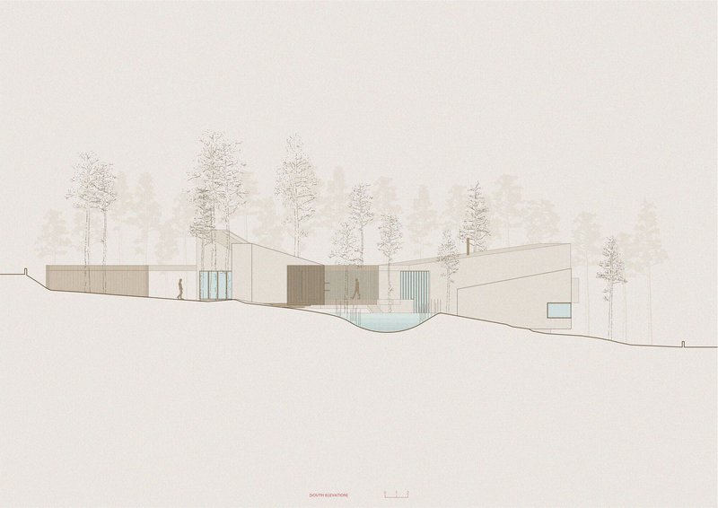 Elevation drawing depicting linear volumes with glazed entry and outdoor pool set into sloping terrain