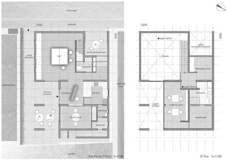 Floor plans showing ground level with hall and terrace and upper level with atrium and meeting room