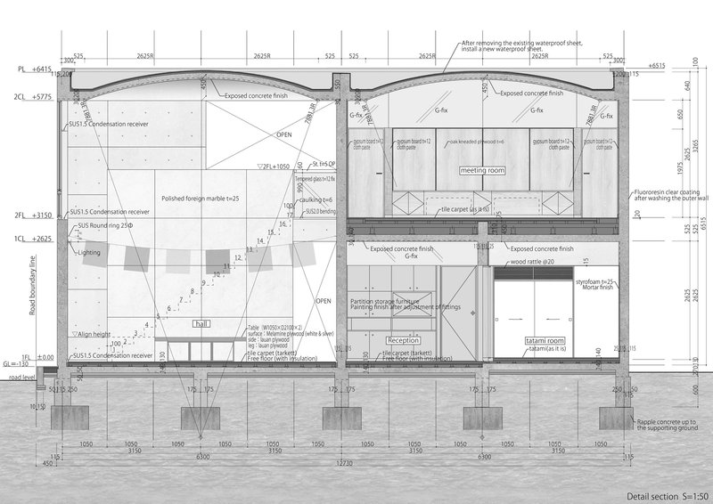 Building section drawing with material annotations showing a double-height hall space flanked by smaller rooms