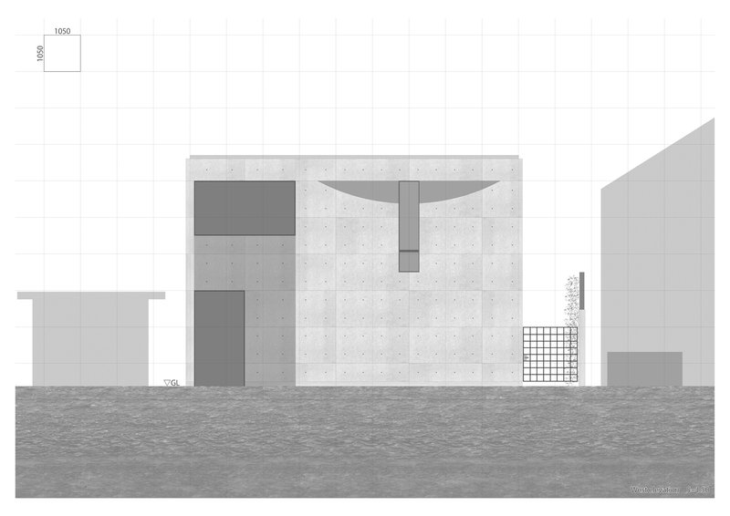 Elevation drawing depicting concrete wall with curved overhang, rectangular openings and adjacent gridded screen element