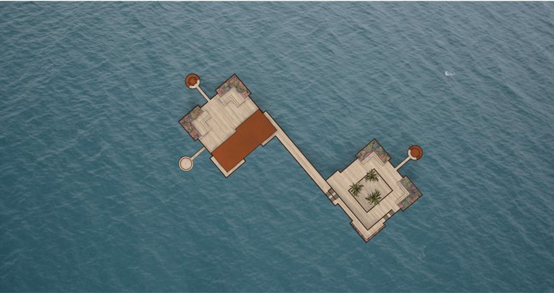 Floating artificial island reimagined through adaptive reuse architecture in the Adriatic Sea.
