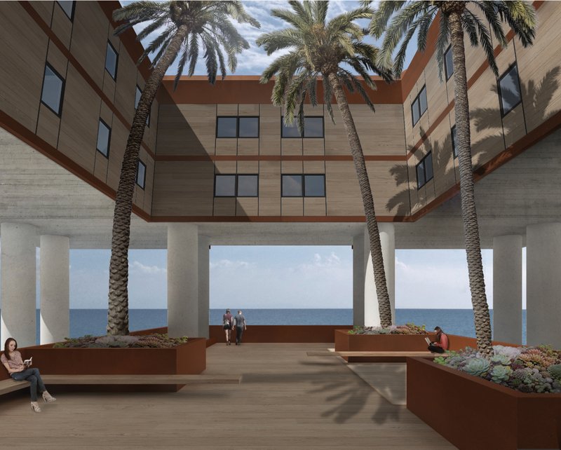 Palm-filled internal courtyard creates a tranquil living environment above the offshore structure.