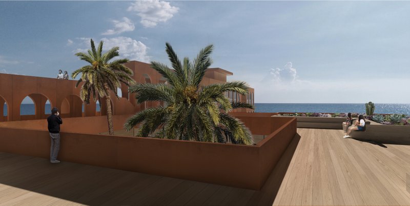 Rooftop landscape terraces overlook the Adriatic Sea with public gathering and relaxation spaces.