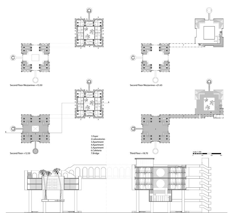 Architectural elevations and rooftop plans reveal the transformation of the offshore oil rig.