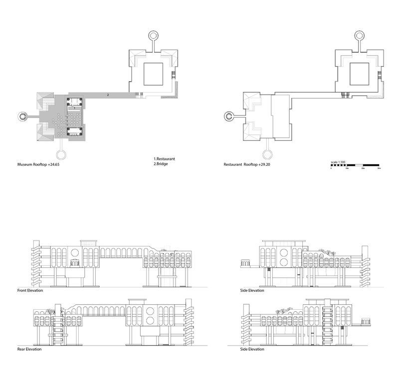 Sections and floor plans illustrate the spatial organization of laboratories, housing, and cultural spaces.