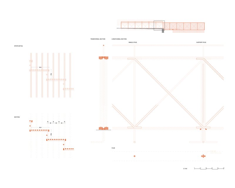 Construction detail drawings depicting timber truss connections and structural assembly with labeled transversal and longitudinal sections