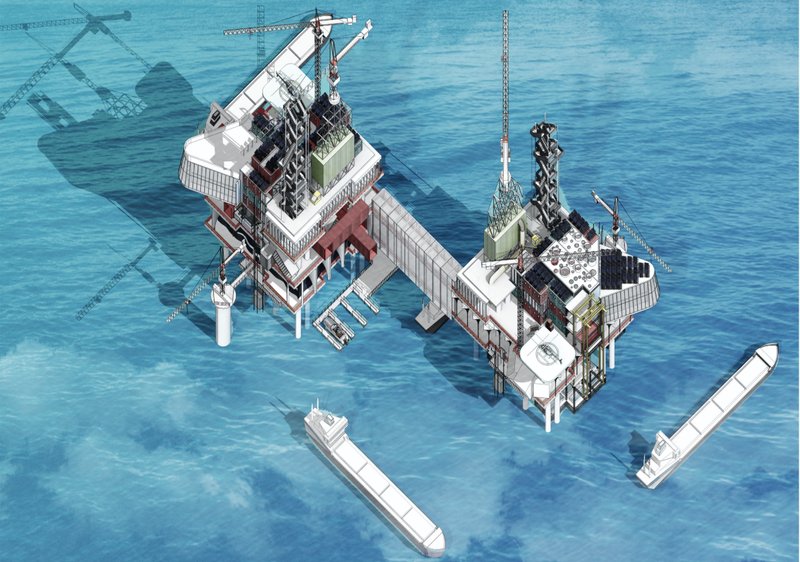 Axonometric view revealing the interconnected offshore platforms and marine circulation systems.