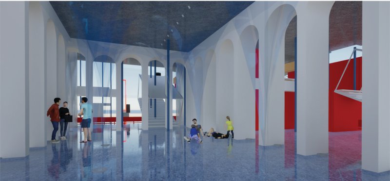 Cathedral-like interiors introduce light, reflection, and monumentality into the industrial framework.