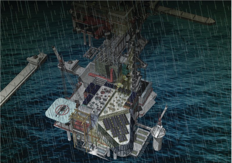 Storm visualization highlighting the atmospheric resilience of the floating offshore research hub.