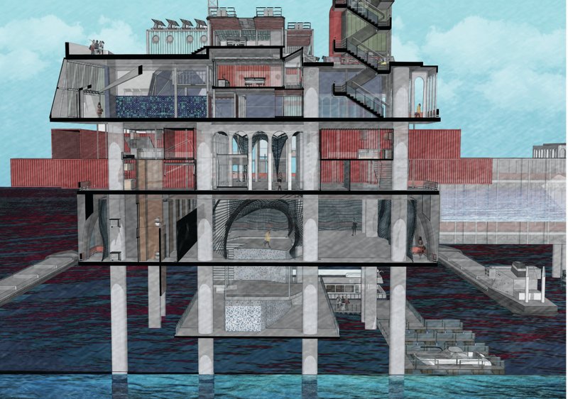 Elevation study showcasing the hybrid relationship between infrastructure, habitation, and marine ecology.