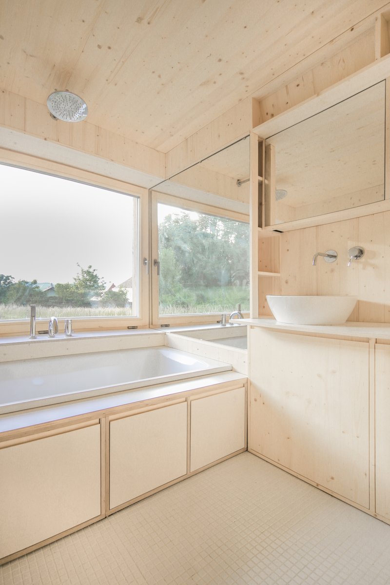 Pale plywood bathroom interior with built-in tub and basin beneath a sloped ceiling