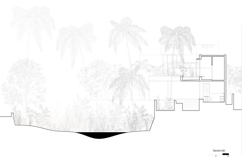 Section drawing showing the dwelling perched above a curved retaining wall with dense tropical vegetation