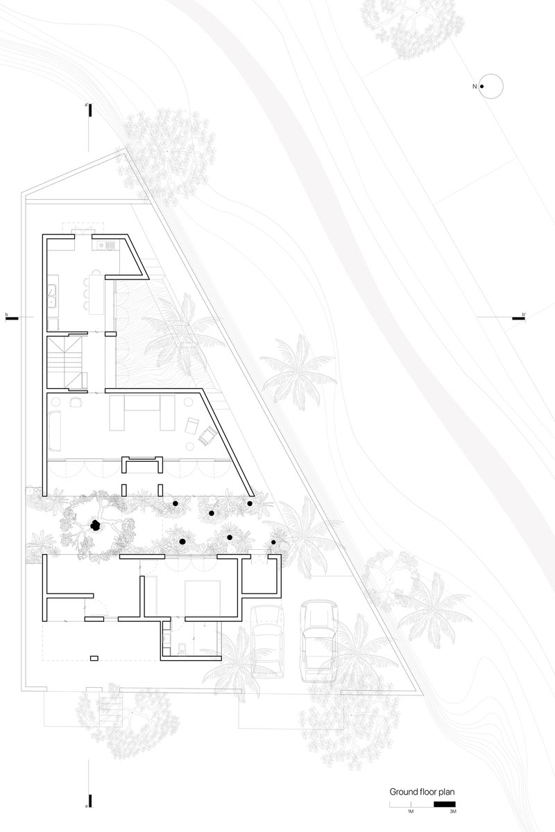 Ground floor plan drawing showing triangular layout with courtyard and planted areas