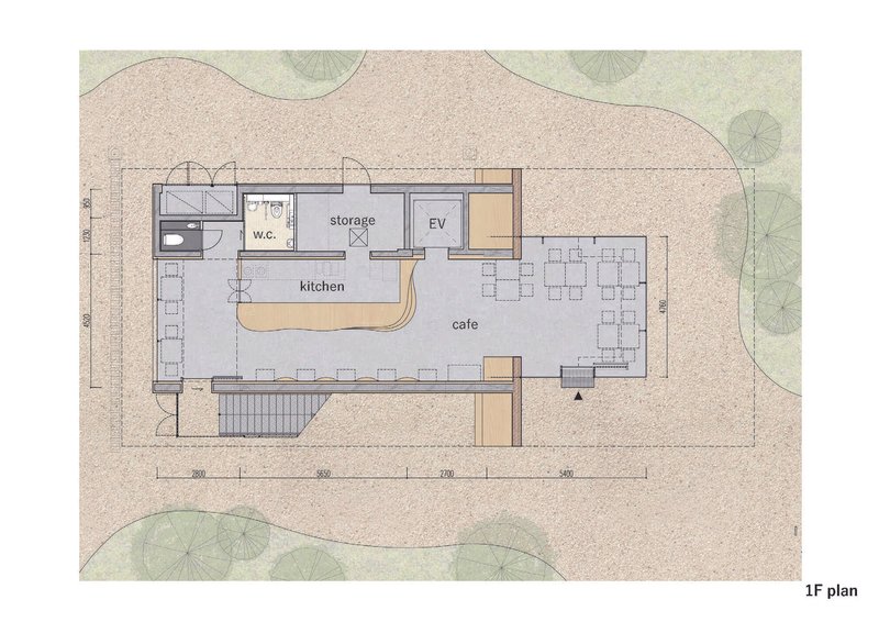 First floor plan drawing showing cafe space with kitchen and service areas in watercolor rendering