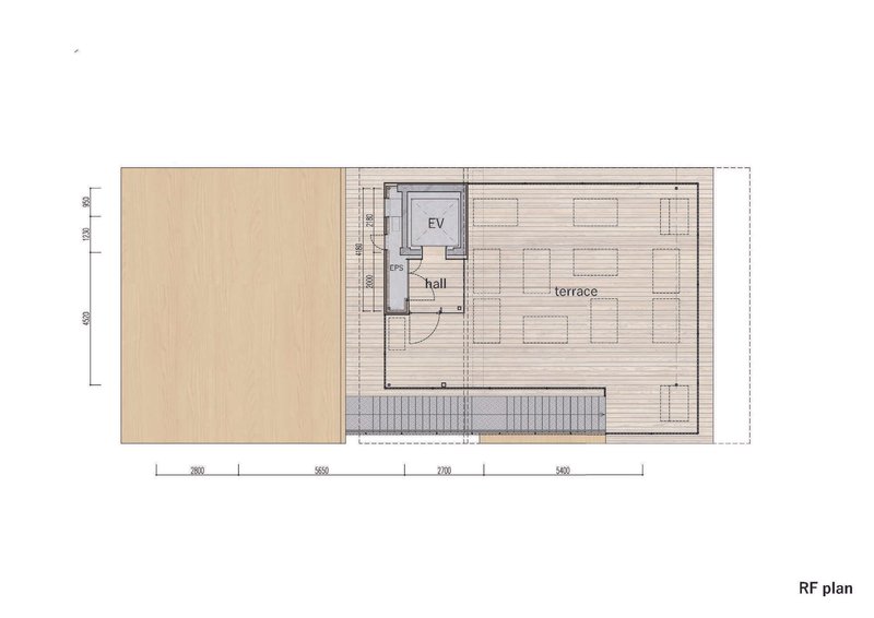 Roof plan drawing showing a large terrace with decking and a stair descending to the level below
