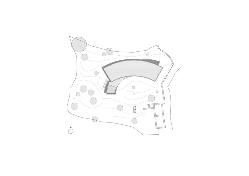 Roof plan drawing showing curved canopy over organic site boundary with scattered trees