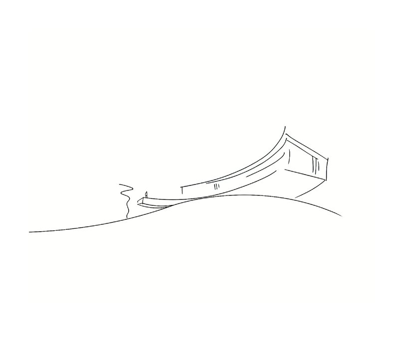 Section drawing showing cantilevered volume over sloping terrain with figure for scale