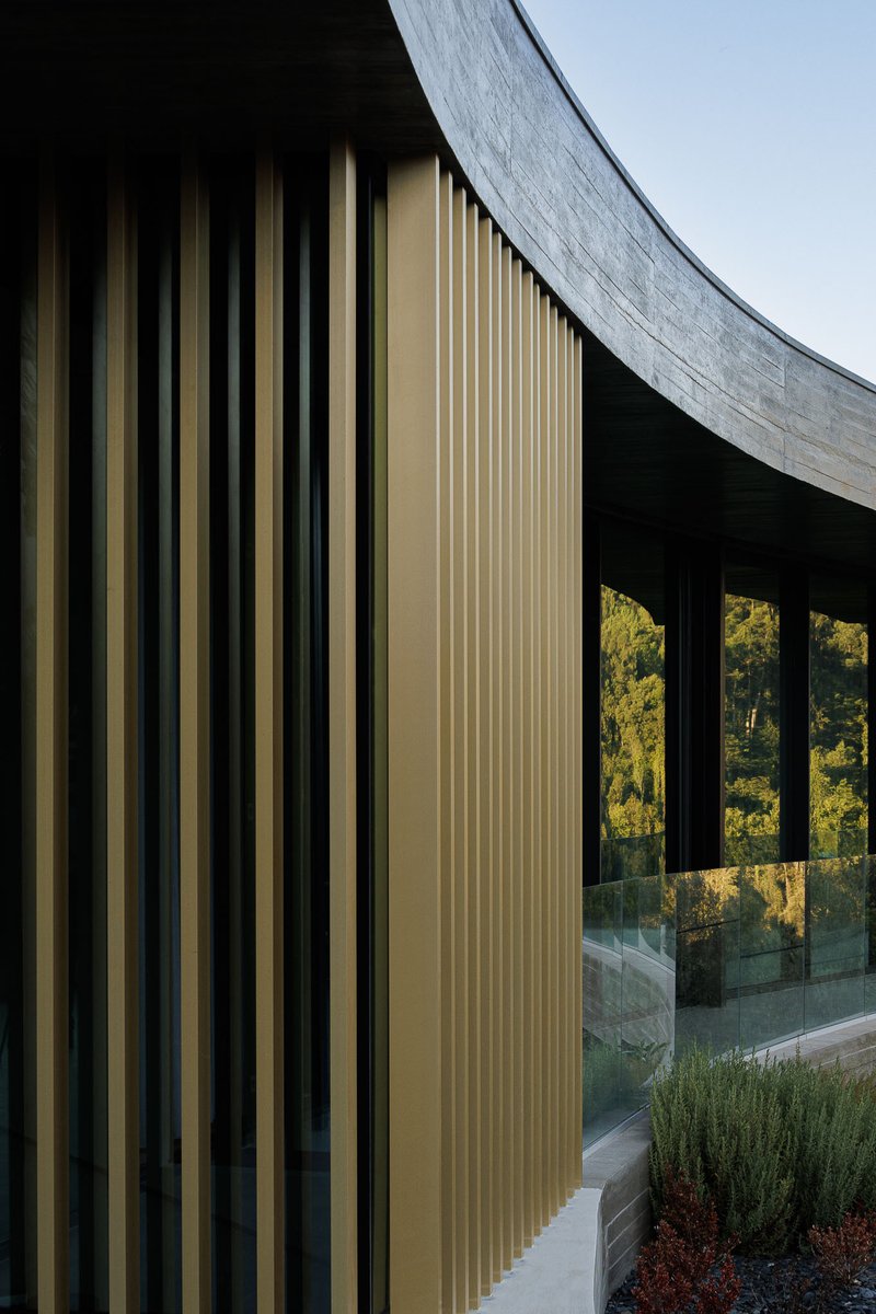 Corner detail of vertical timber battens meeting floor-to-ceiling glazing at dusk with trees beyond