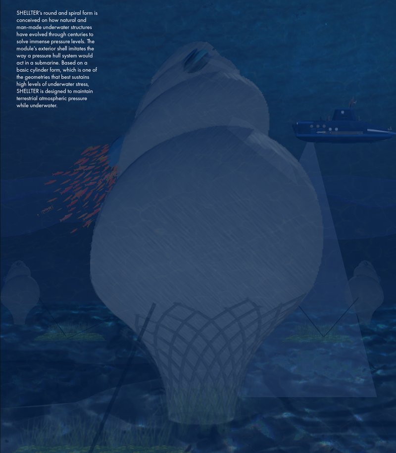 The shell-inspired module uses curved geometry to resist underwater pressure while shaping a protective living environment.